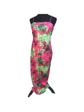 SHEIN Pink Green Floral Mesh Midi Dress Ruched Cowl Neck Cami Bodycon